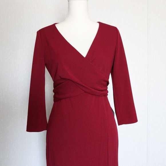 After Six 6814 Burgundy Red V-neck Crepe Sleeve Slit Front Evening Gown Small - Picture 3 of 13